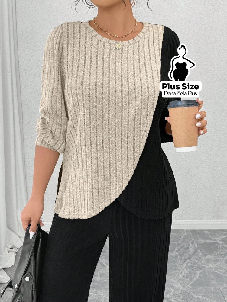 Conjunto Bicolor Canelado com Blusa Assimétrica Conjunto Bicolor Canelado com Blusa Assimétrica