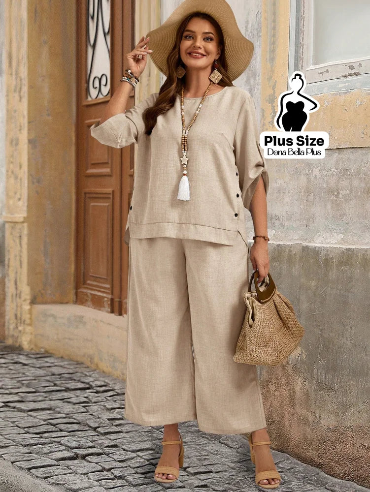 Conjunto de Linho com Blusa de Botões Laterais e Calça Conjunto de Linho com Blusa de Botões Laterais e Calça