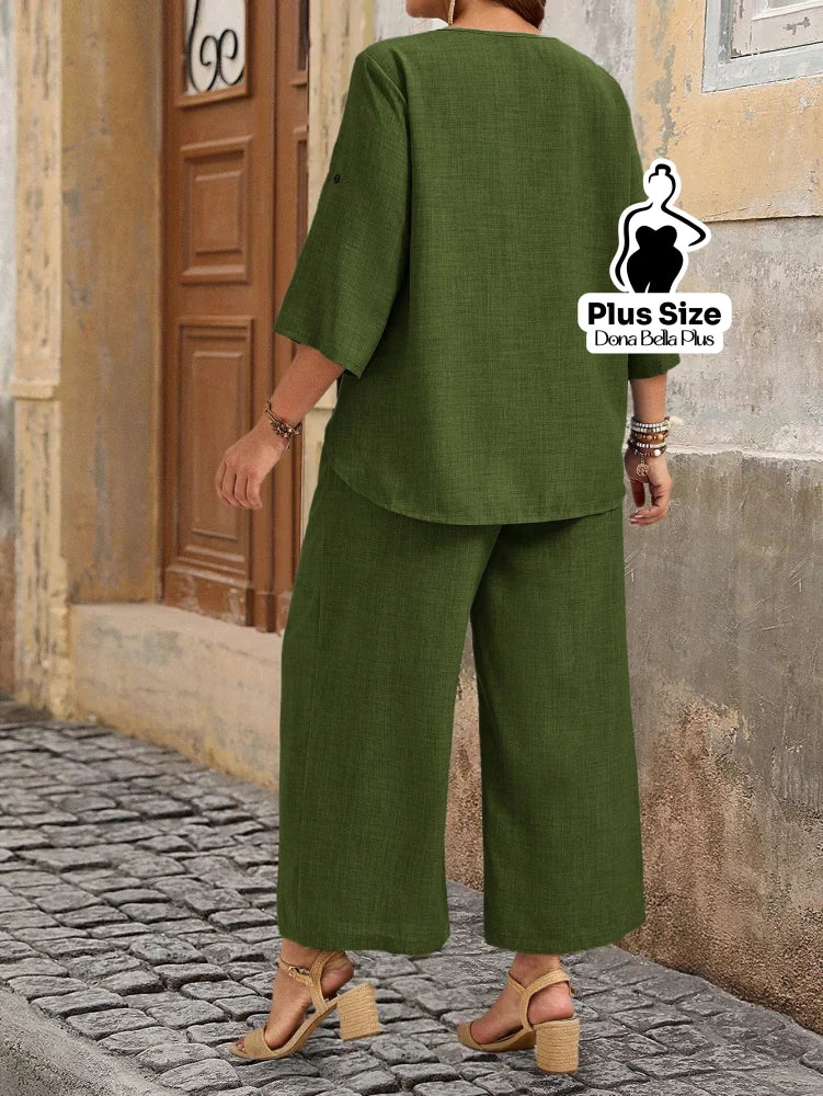 Conjunto de Linho com Blusa de Botões Laterais e Calça Conjunto de Linho com Blusa de Botões Laterais e Calça