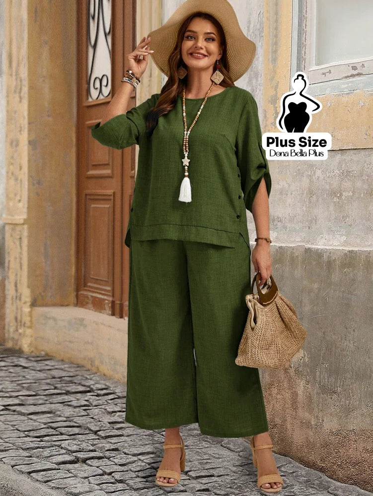 Conjunto de Linho com Blusa de Botões Laterais e Calça Conjunto de Linho com Blusa de Botões Laterais e Calça
