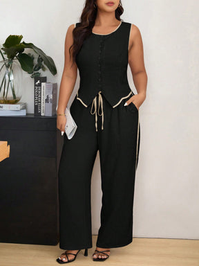 Conjunto com Blusa Botões Frontais e Calça de Cós Ajustável
