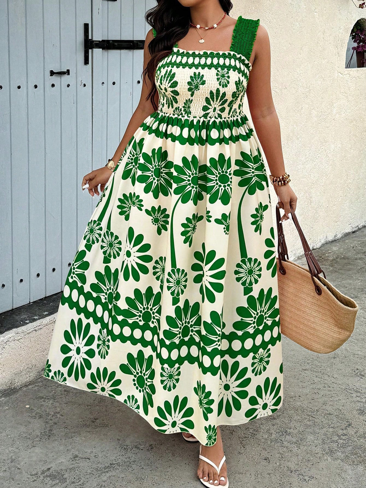 Vestido Longo Floral com Alças Trançadas e Cintura Elástica