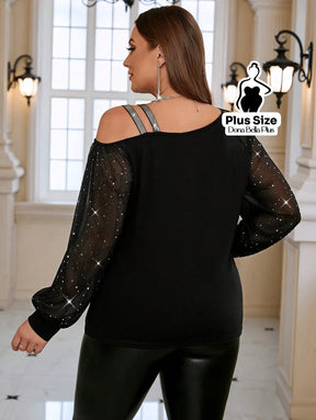 Blusa Brilho com Ombro Vazado e Manga Tule Blusa de Linho com Decote V e Manga Curta