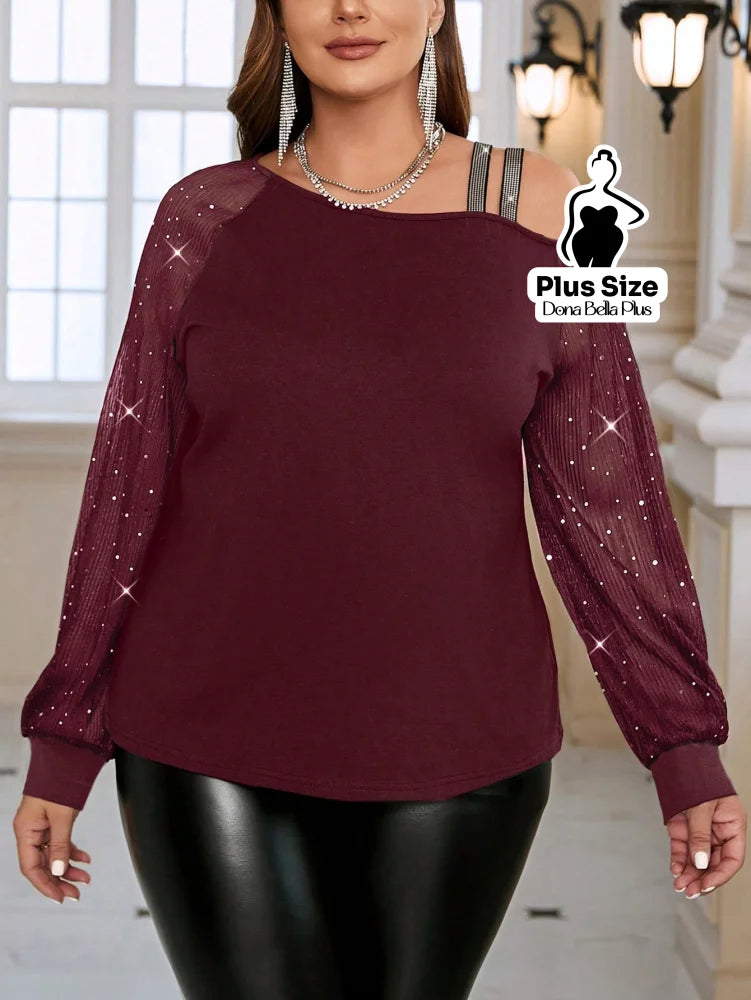 Blusa Brilho com Ombro Vazado e Manga Tule Blusa de Linho com Decote V e Manga Curta