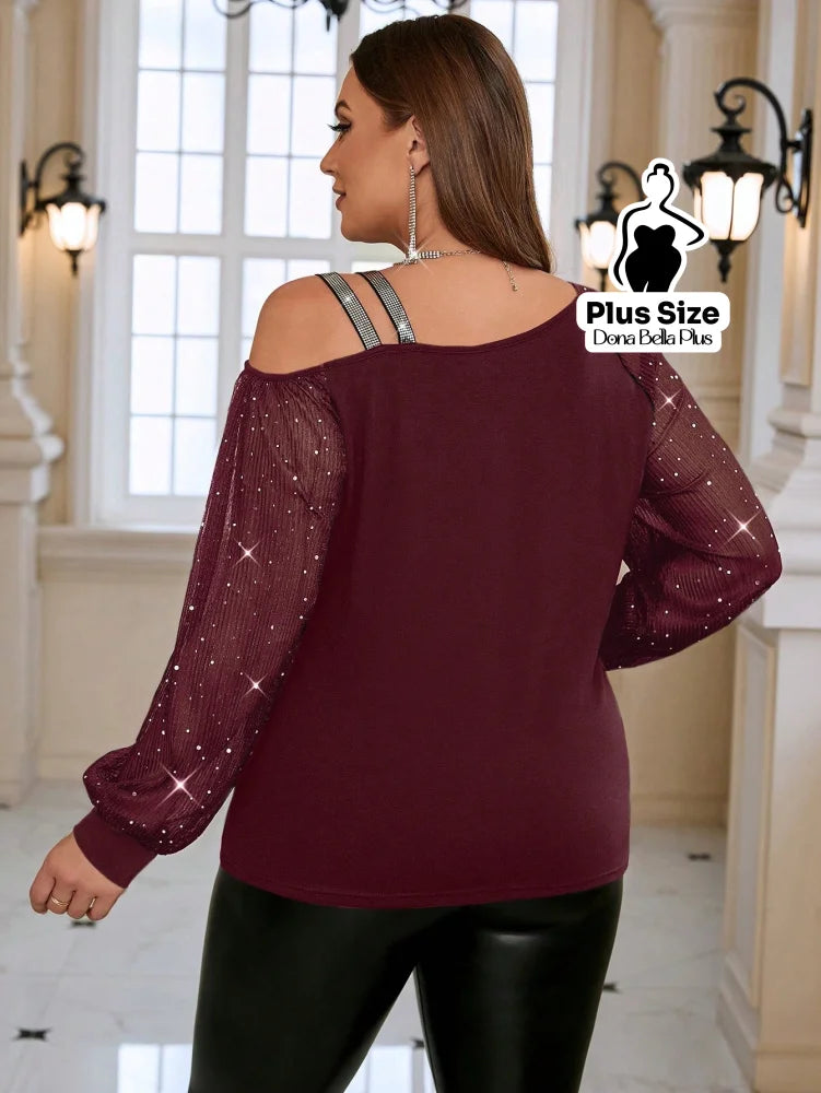 Blusa Brilho com Ombro Vazado e Manga Tule Blusa de Linho com Decote V e Manga Curta