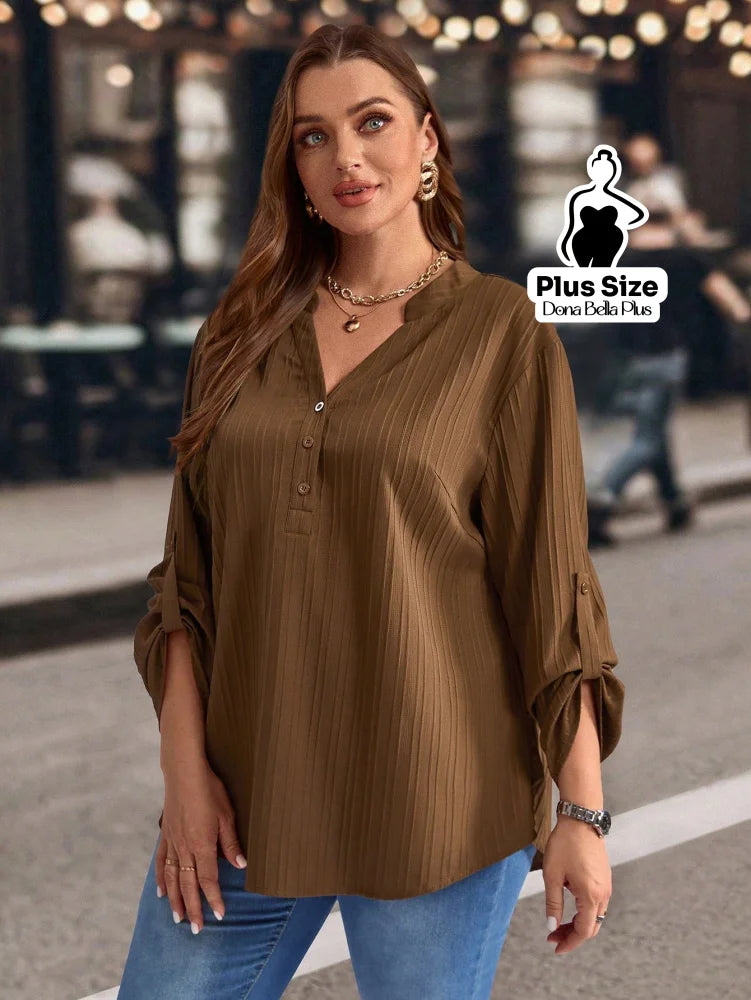 Blusa Canelada com Botões e Manga Ajustável Blusa Canelada com Botões e Manga Ajustável