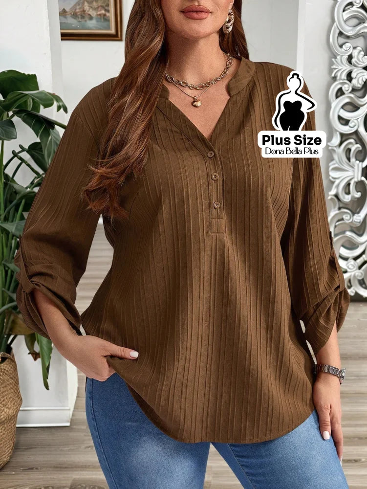 Blusa Canelada com Botões e Manga Ajustável Café / G Blusa Canelada com Botões e Manga Ajustável