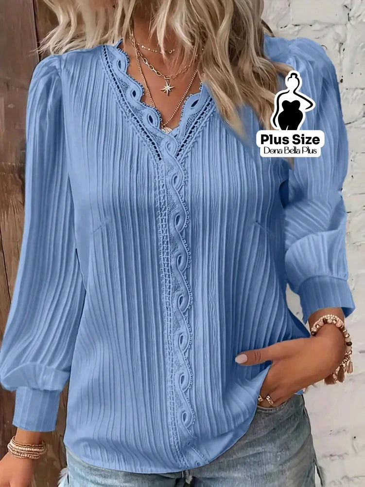 Blusa Canelada com Detalhe em Renda e Manga Longa Azul bebê / G Blusa Canelada com Detalhe em Renda e Manga Longa