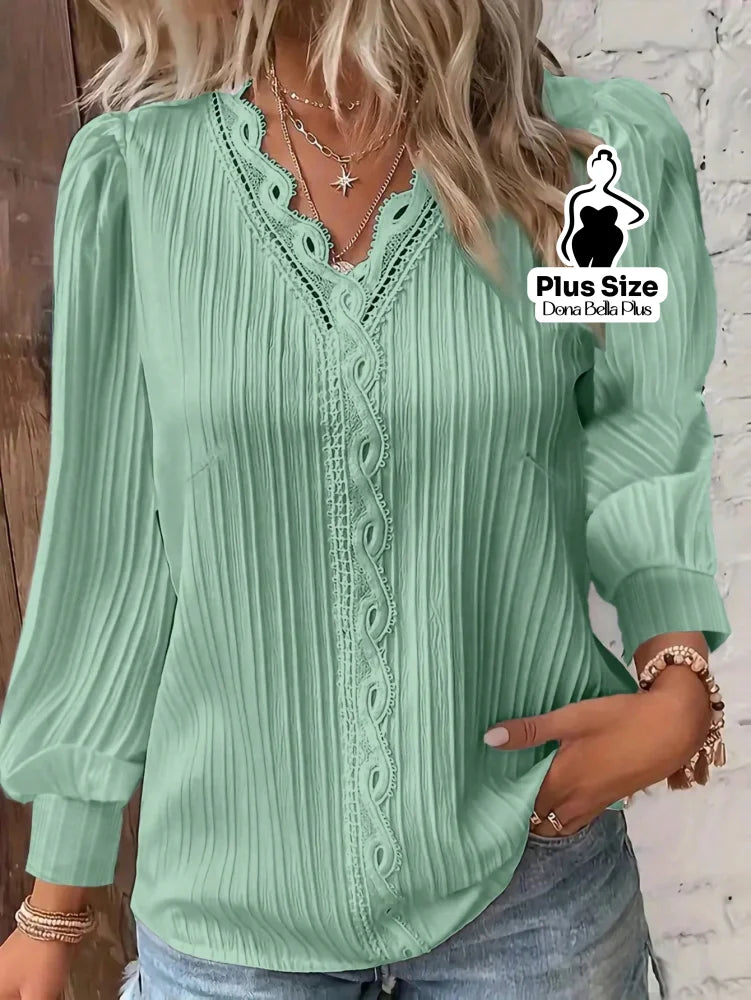 Blusa Canelada com Detalhe em Renda e Manga Longa Verde / G Blusa Canelada com Detalhe em Renda e Manga Longa
