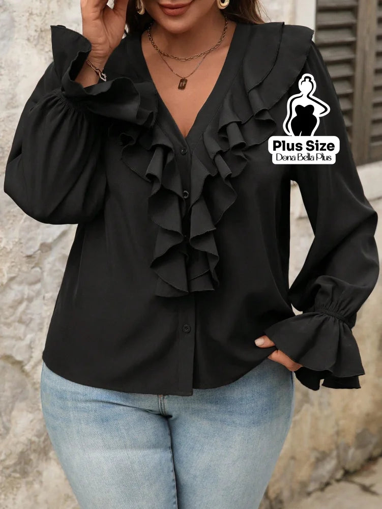 Blusa Decote V com Babados Frontais e Manga Longa Blusa Decote V com Babados Frontais e Manga Longa
