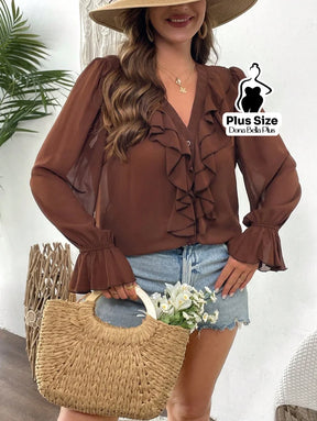 Blusa Decote V com Babados Frontais e Manga Longa Blusa Decote V com Babados Frontais e Manga Longa