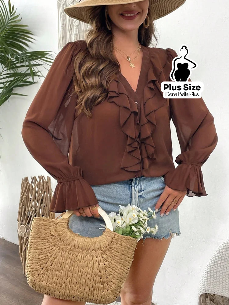 Blusa Decote V com Babados Frontais e Manga Longa Blusa Decote V com Babados Frontais e Manga Longa