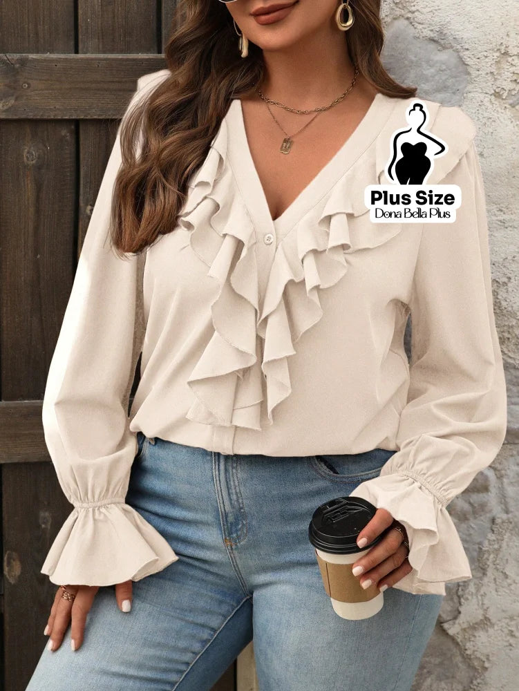 Blusa Decote V com Babados Frontais e Manga Longa Blusa Decote V com Babados Frontais e Manga Longa