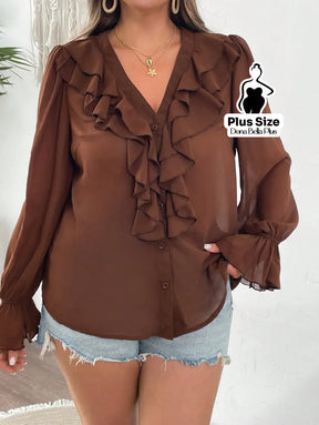 Blusa Decote V com Babados Frontais e Manga Longa Blusa Decote V com Babados Frontais e Manga Longa