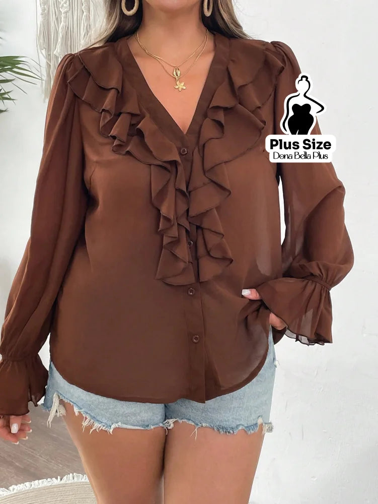 Blusa Decote V com Babados Frontais e Manga Longa Blusa Decote V com Babados Frontais e Manga Longa