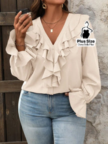 Blusa Decote V com Babados Frontais e Manga Longa Damasco / G Blusa Decote V com Babados Frontais e Manga Longa