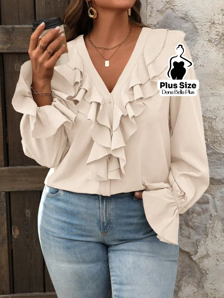 Blusa Decote V com Babados Frontais e Manga Longa Damasco / G Blusa Decote V com Babados Frontais e Manga Longa