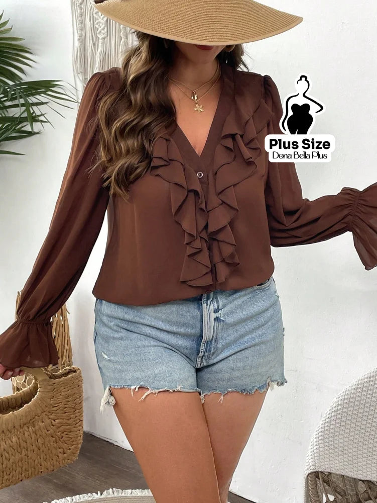 Blusa Decote V com Babados Frontais e Manga Longa Marrom Claro / G Blusa Decote V com Babados Frontais e Manga Longa