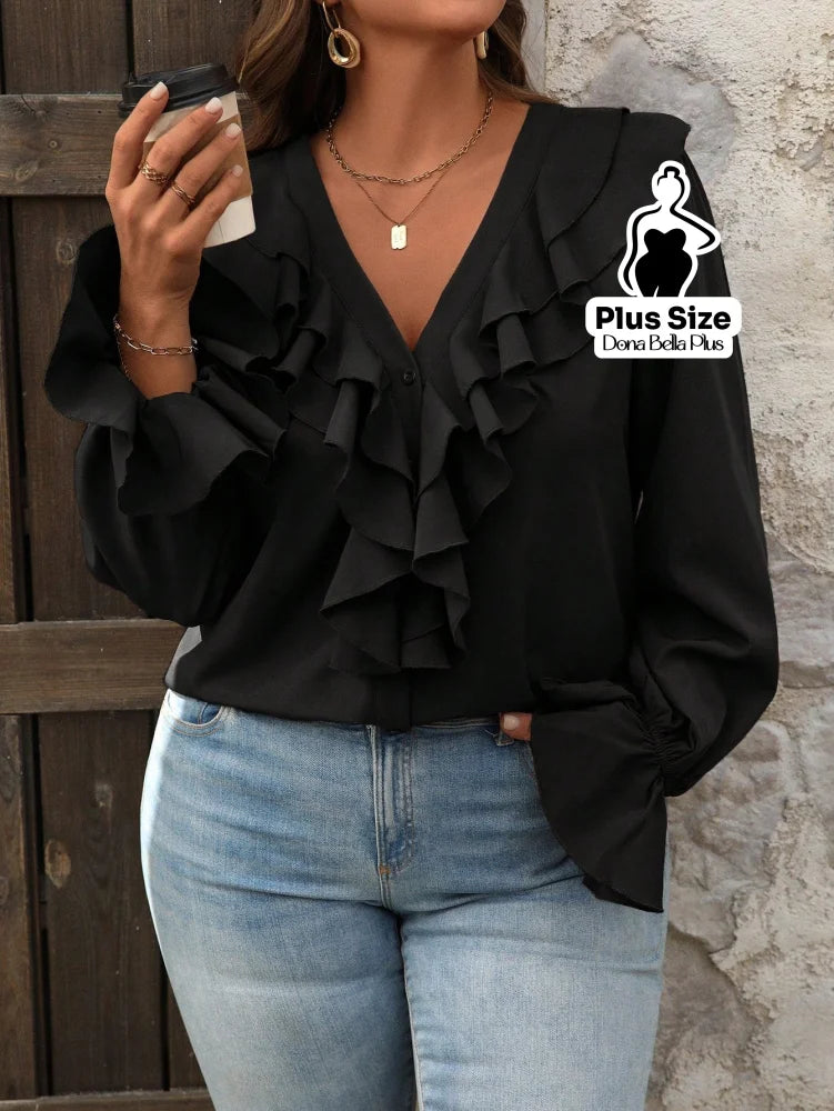 Blusa Decote V com Babados Frontais e Manga Longa Preto / G Blusa Decote V com Babados Frontais e Manga Longa