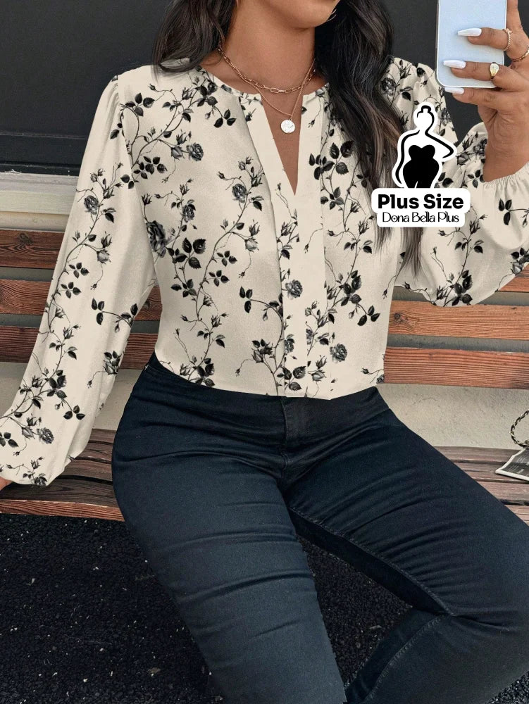 Blusa Floral Elegante com Decote V e Manga Longa Blusa Floral Elegante com Decote V e Manga Longa