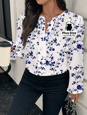 Blusa Floral Elegante com Decote V e Manga Longa Blusa Floral Elegante com Decote V e Manga Longa