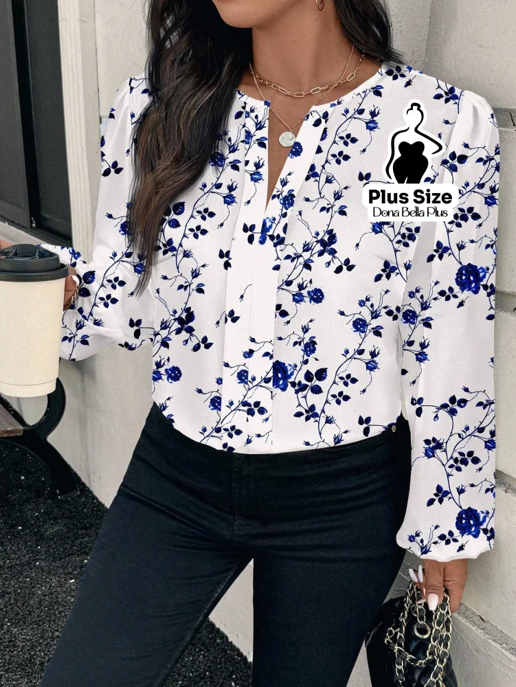 Blusa Floral Elegante com Decote V e Manga Longa Blusa Floral Elegante com Decote V e Manga Longa