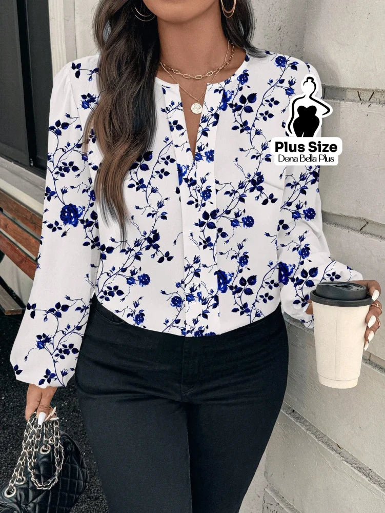 Blusa Floral Elegante com Decote V e Manga Longa Branco / G Blusa Floral Elegante com Decote V e Manga Longa