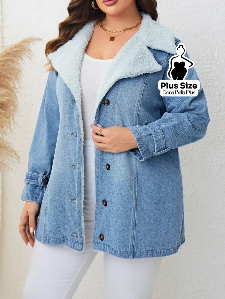 Blusa Jeans Forrada com Botões e Gola de Pelo Azul / G Blusa Jeans Forrada com Botões e Gola de Pelo
