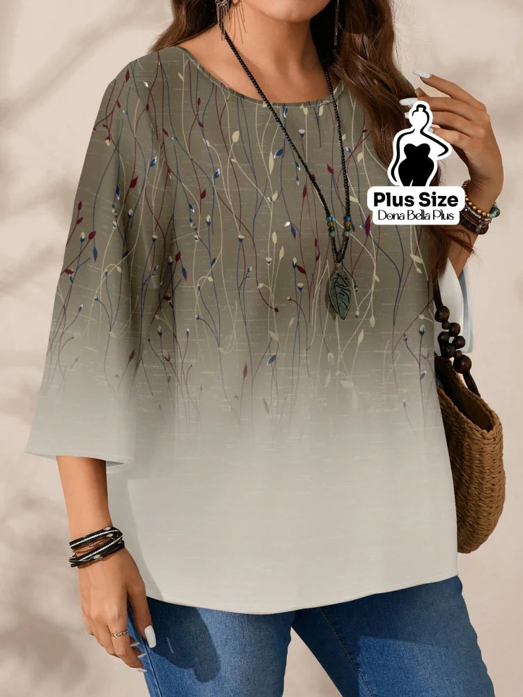 Blusa Manga Longa com Estampa Geométrica Moderna Blusa com Bordado Floral e Gola Levemente Franzida