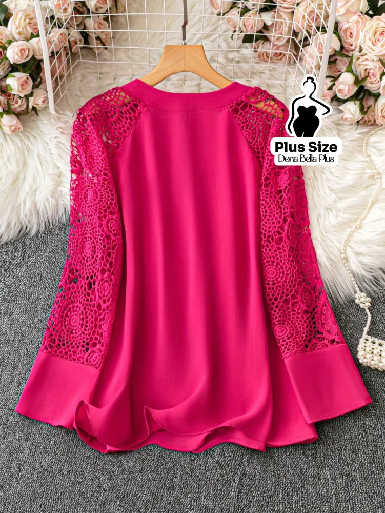 Blusa Manga Longa com Renda e Decote em V Blusa Manga Longa com Renda e Decote em V
