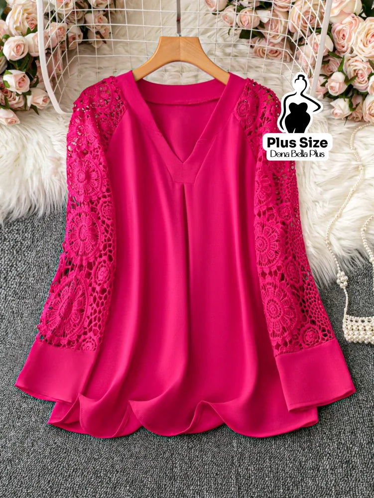 Blusa Manga Longa com Renda e Decote em V Pink / G Blusa Manga Longa com Renda e Decote em V