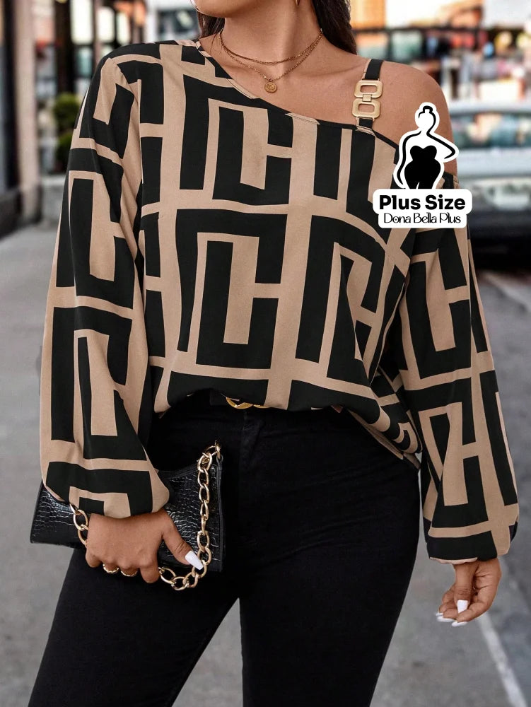 Blusa Ombro Único Estampada com Alça Dourada Cáqui / G Blusa Ombro Único Estampada com Alça Dourada
