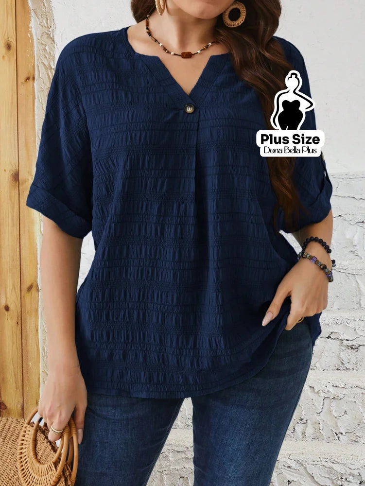 Blusa Texturizada com Decote V e Botão Único Azul / G Blusa Texturizada com Decote V e Botão Único