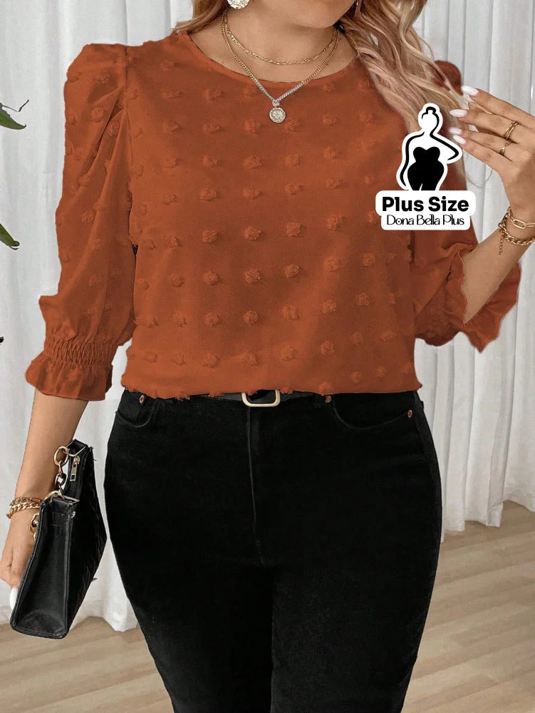 Blusa Texturizada com Manga Bufante e Elástico Castanho / G Blusa Texturizada com Manga Bufante e Elástico