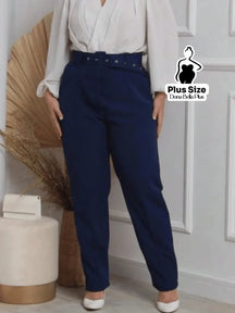 Calça Alfaiatada Cintura Alta com Cinto Forrado Azul / G Calça Alfaiatada Cintura Alta com Cinto Forrado