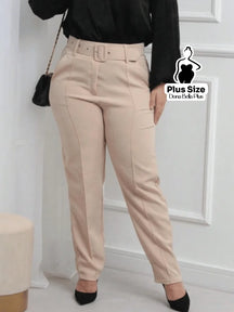 Calça Alfaiatada Cintura Alta com Cinto Forrado Bege / G Calça Alfaiatada Cintura Alta com Cinto Forrado