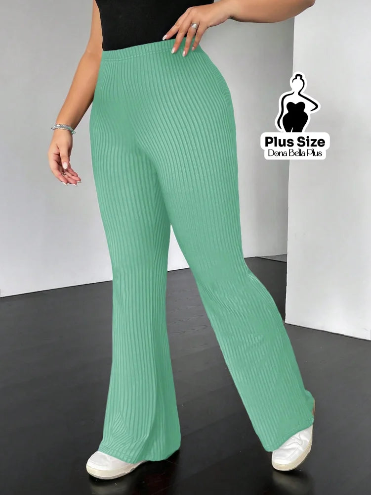 Calça Canelada Flare com Cintura Confortável Verde / G Calça Canelada Flare com Cintura Confortável