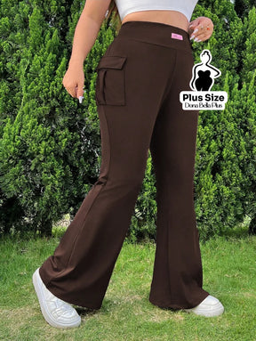 Calça Flare Fitness com Bolso Cargo Lateral Café / G Calça Clochard com Cintura Franzida e Faixa