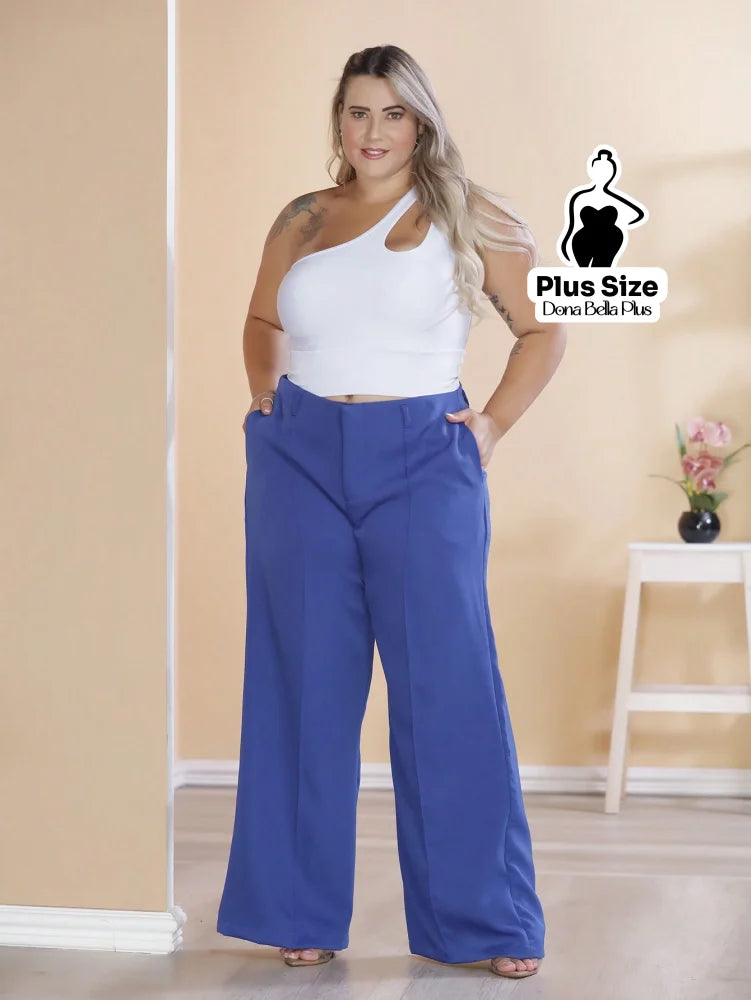 Calça Pantalona com Plissado e Bolsos Frontais Azul / G Calça Pantalona com Plissado e Bolsos Frontais