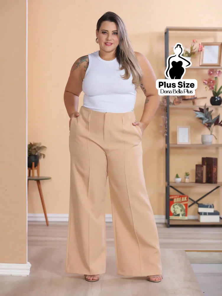 Calça Pantalona com Plissado e Bolsos Frontais Bege / G Calça Pantalona com Plissado e Bolsos Frontais