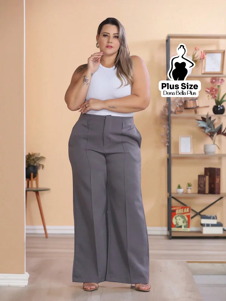 Calça Pantalona com Plissado e Bolsos Frontais Chumbo / G Calça Pantalona com Plissado e Bolsos Frontais