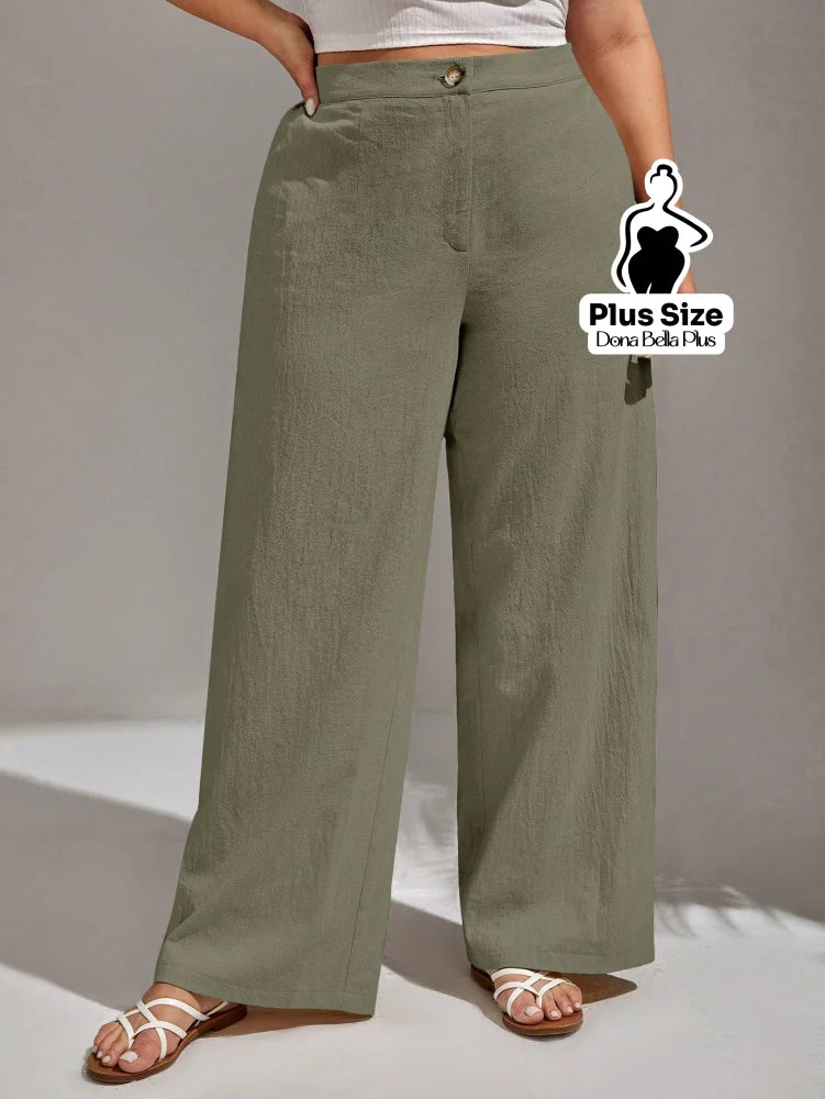Calça Pantalona em Tecido Leve com Cintura Alta Verde Militar / G Calça Pantalona em Tecido Leve com Cintura Alta