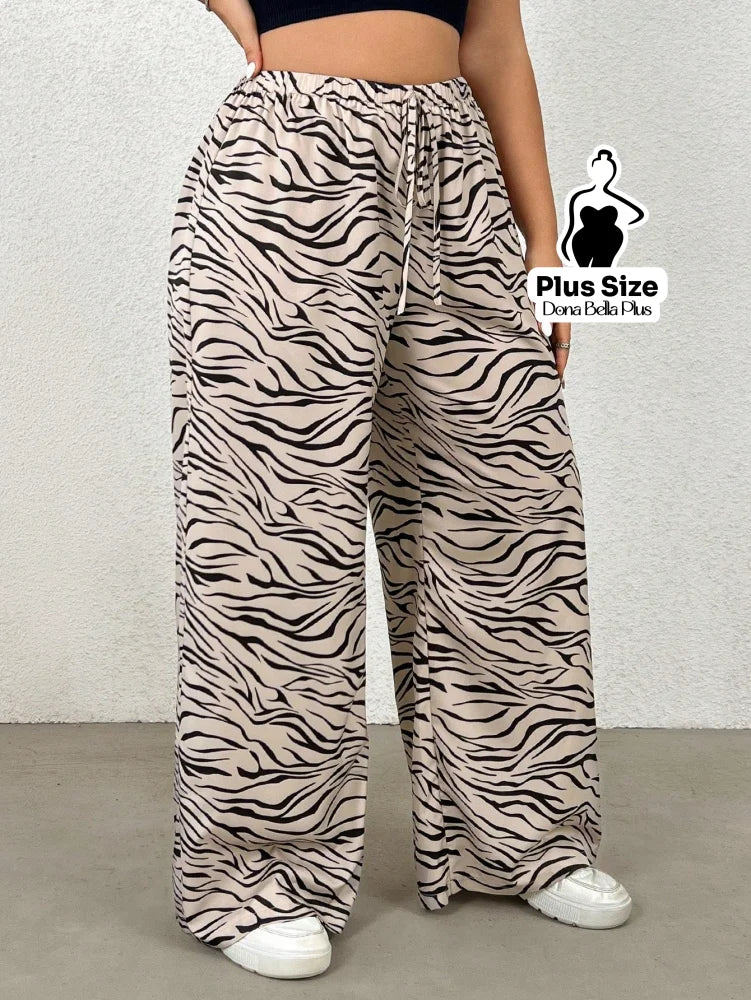 Calça Pantalona Estampada com Cós Ajustável Cáqui / G Calça Pantalona Estampada com Cós Ajustável
