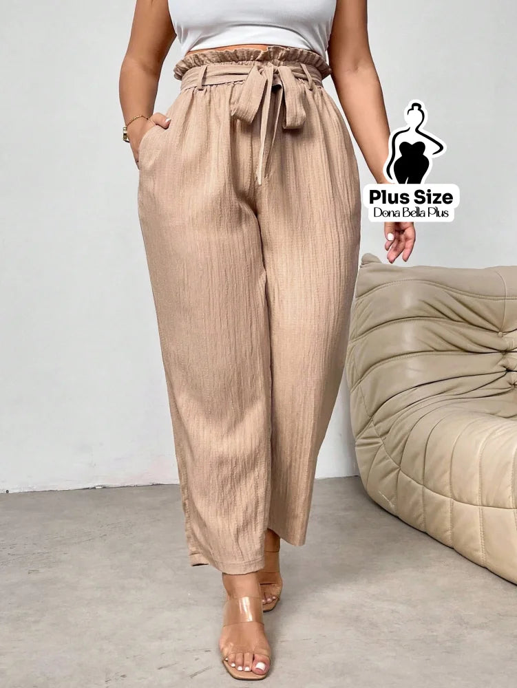 Calça Reta com Cós de Elástico e Bolsos Laterais Caqui / G Calça Reta com Cós de Elástico e Bolsos Laterais