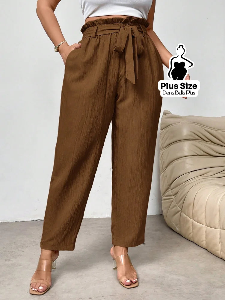 Calça Reta com Cós de Elástico e Bolsos Laterais Castanho / G Calça Reta com Cós de Elástico e Bolsos Laterais