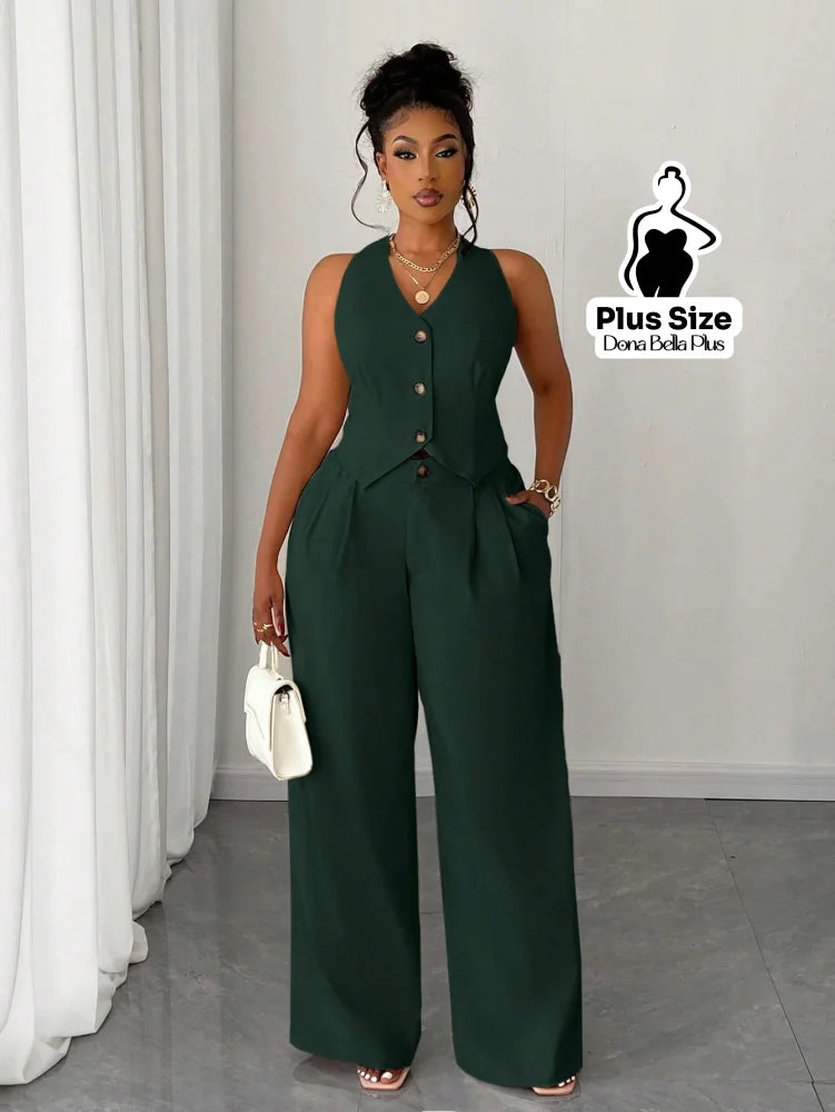 Conjunto Alfaiatado com Blusa de Botões e Calça Pantalona Verde Escuro / G Conjunto Alfaiatado com Blusa de Botões e