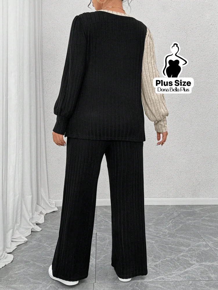 Conjunto Bicolor Canelado com Blusa Assimétrica Conjunto Bicolor Canelado com Blusa Assimétrica