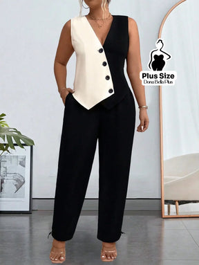 Conjunto Bicolor com Blusa Transpassada e Calça Reta Conjunto Bicolor com Blusa Transpassada e Calça Reta