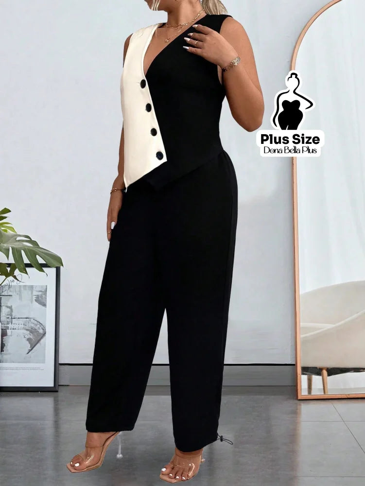 Conjunto Bicolor com Blusa Transpassada e Calça Reta Conjunto Bicolor com Blusa Transpassada e Calça Reta