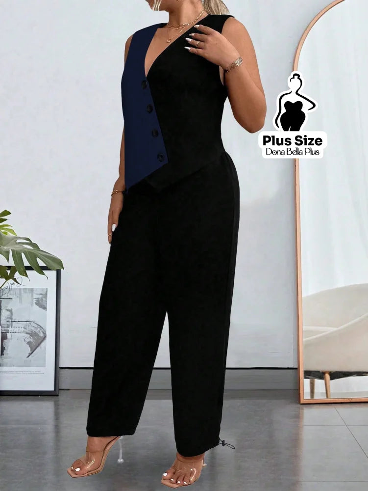 Conjunto Bicolor com Blusa Transpassada e Calça Reta Conjunto Bicolor com Blusa Transpassada e Calça Reta